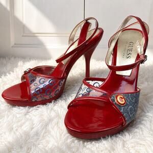 Guess Y2K Red Logo Clear PVC Platform Stiletto Heels Designer Open Toe Sandals